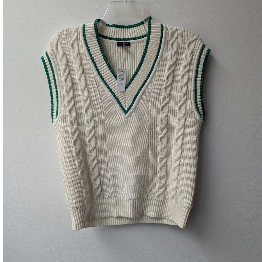 Talbots Sweater Vest Ivory Green Cable Knit V-Neck Sz SP Retro Varsity Preppy